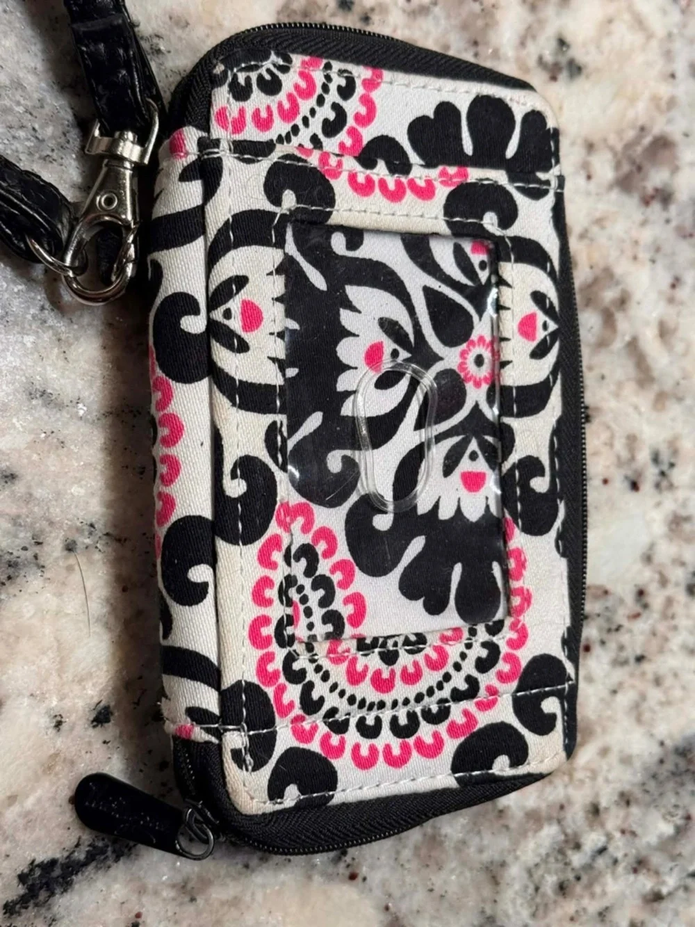 thirty-one Black and Pink Floral Wristlet with ID Window 6x3.5 inches